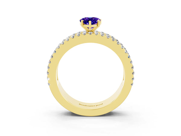 Yellow gold Pear Cut Tanzanite Solitaire Ring with Pavé and Channel Set Band