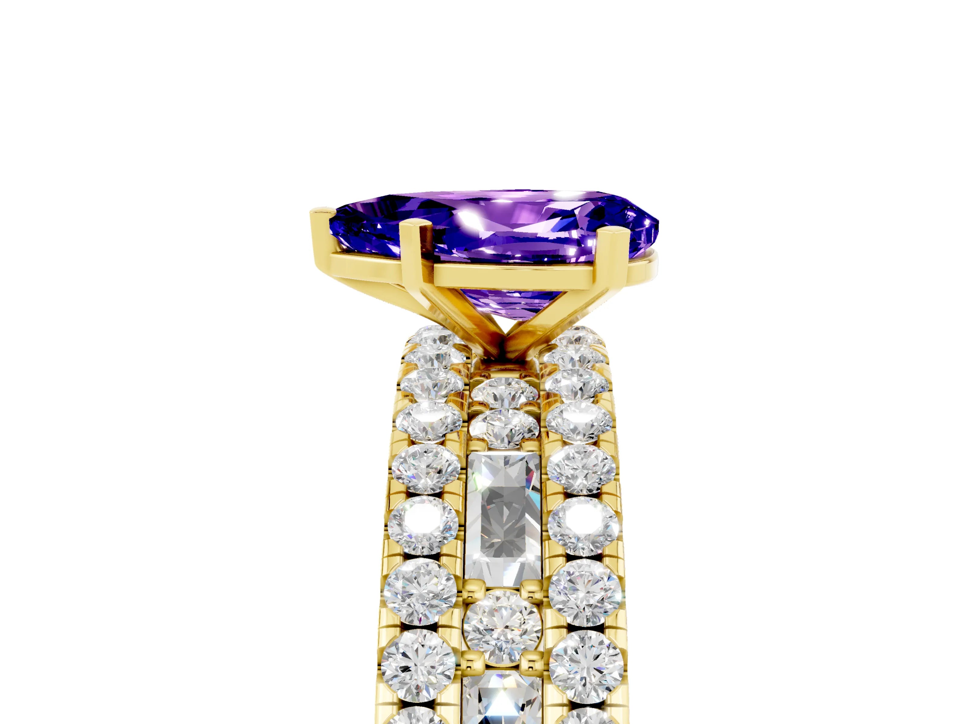 Yellow gold Pear Cut Tanzanite Solitaire Ring with Pavé and Channel Set Band_5