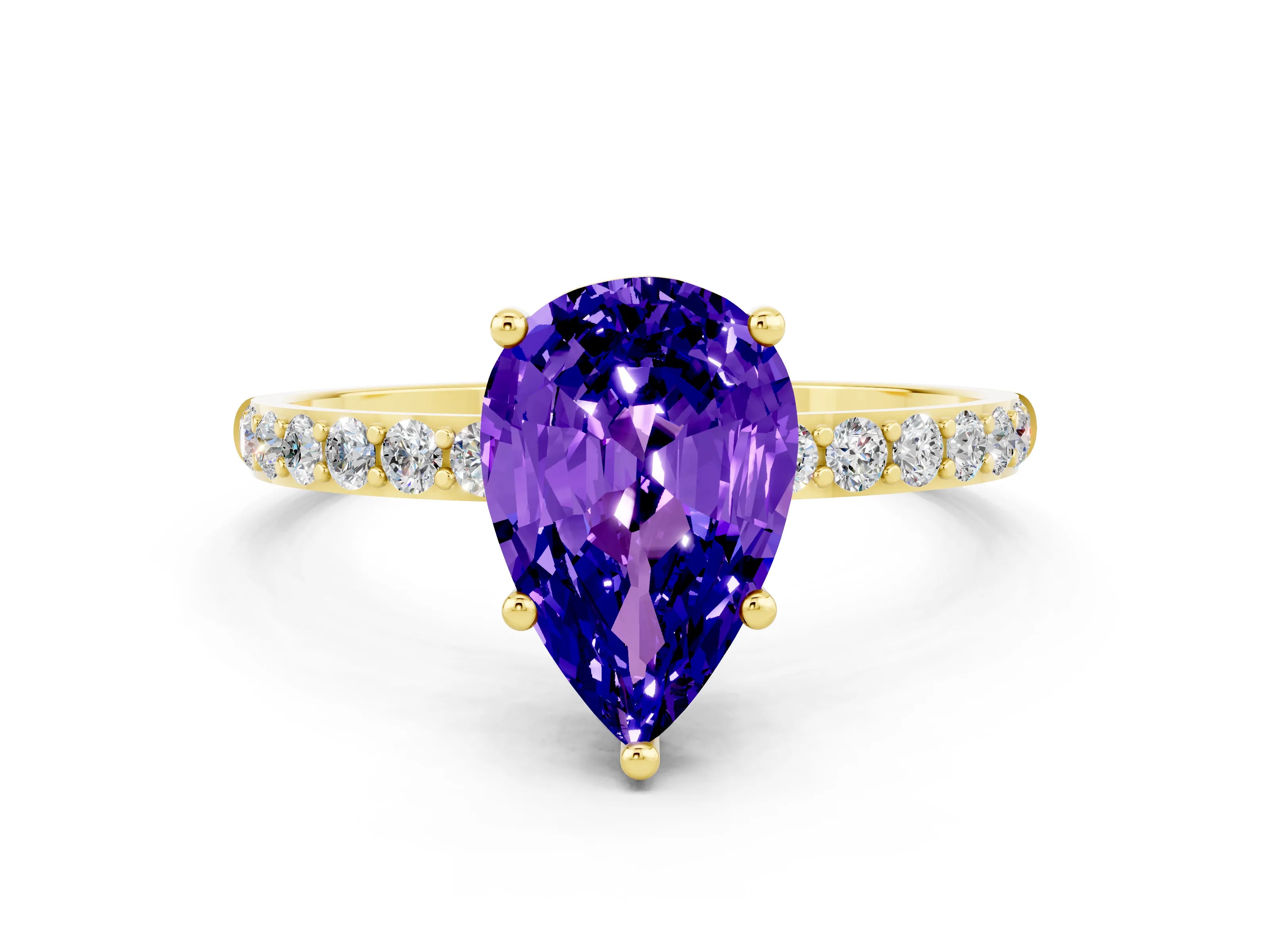 Yellow gold Pear Cut Tanzanite Solitaire Ring with Pave Band and Four Prong Setting_24