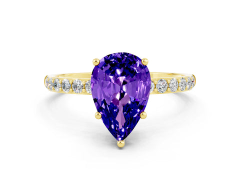 Yellow gold Pear Cut Tanzanite Solitaire Ring with Pave Band and Four Prong Setting_24