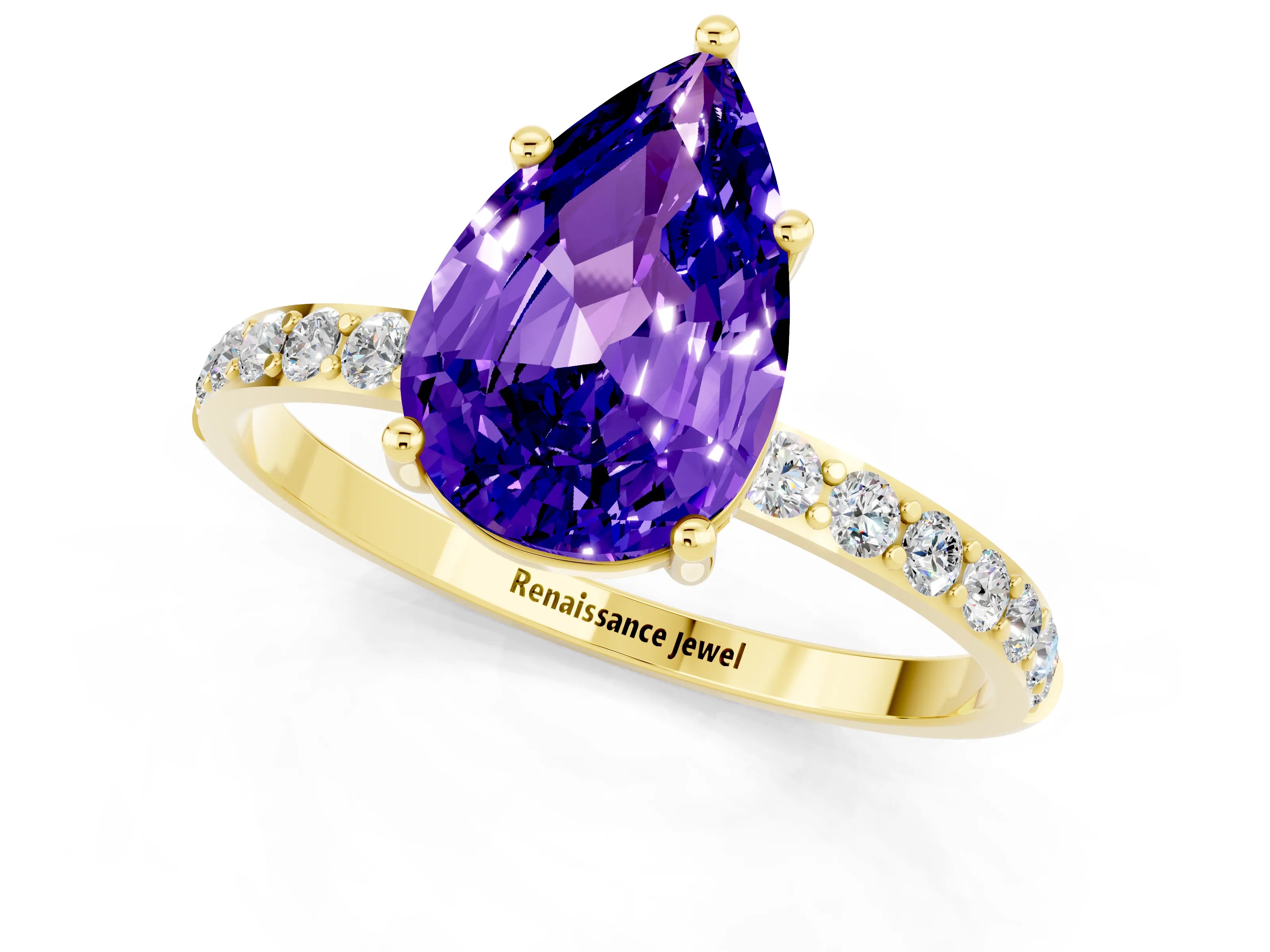 Yellow gold Pear Cut Tanzanite Solitaire Ring with Pave Band and Four Prong Setting_25