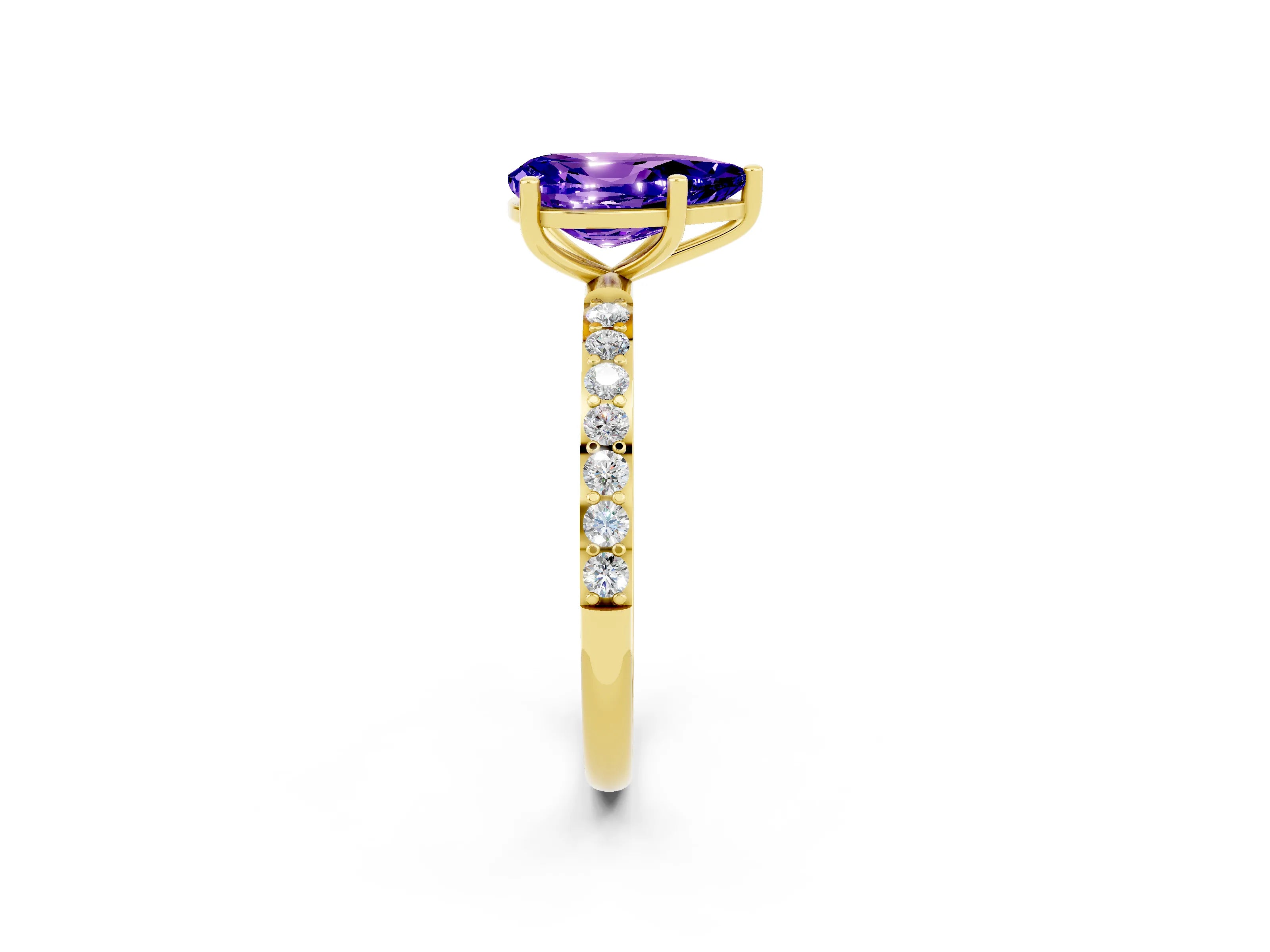Yellow gold Pear Cut Tanzanite Solitaire Ring with Pave Band and Four Prong Setting_26