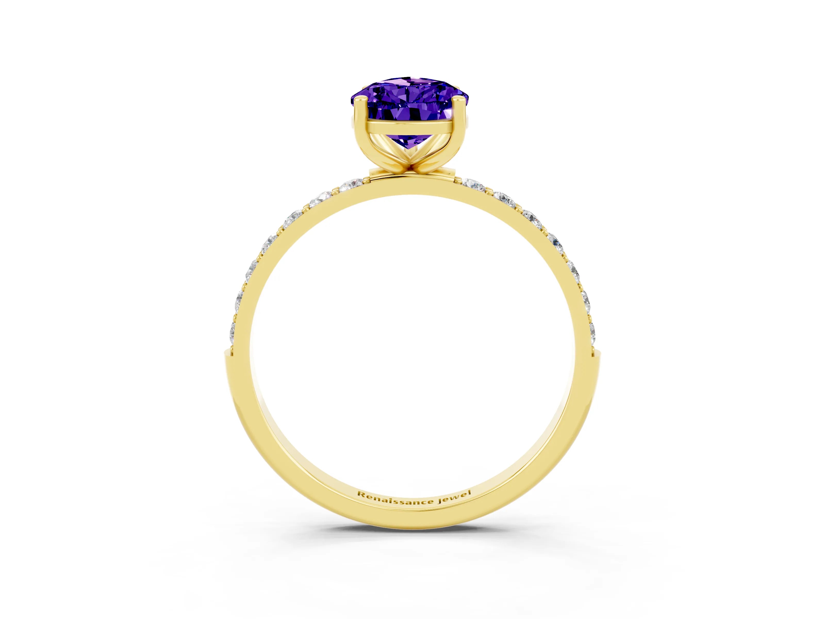 Yellow gold Pear Cut Tanzanite Solitaire Ring with Pave Band and Four Prong Setting_27