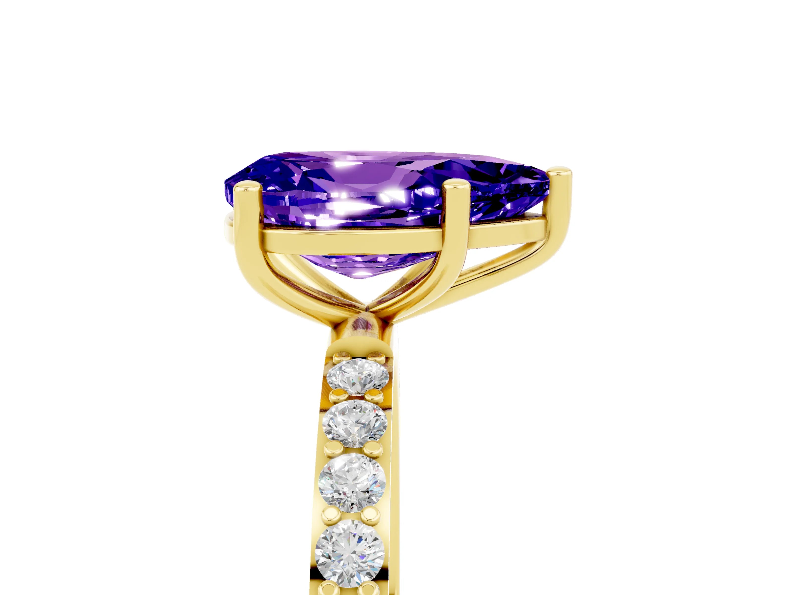 Yellow gold Pear Cut Tanzanite Solitaire Ring with Pave Band and Four Prong Setting_29