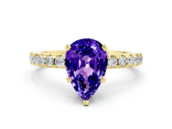 Yellow gold Pear Cut Tanzanite Solitaire Ring with Round  Pavé Band and Four-Prong Setting
