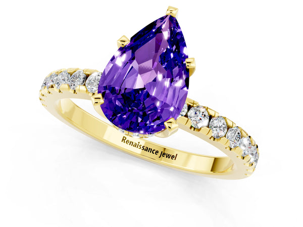 Yellow gold Pear Cut Tanzanite Solitaire Ring with Round  Pavé Band and Four-Prong Setting
