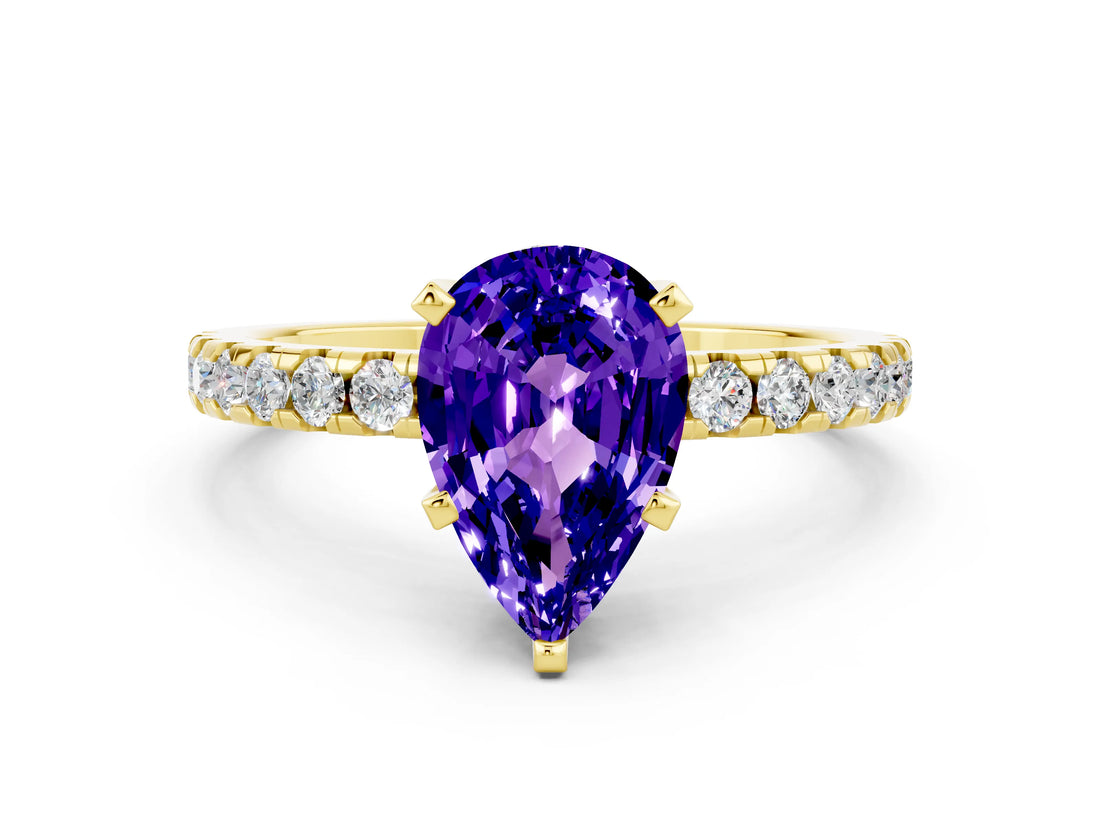 Yellow gold Pear Cut Tanzanite Solitaire Ring with Round  Pavé Band and Four-Prong Setting_36