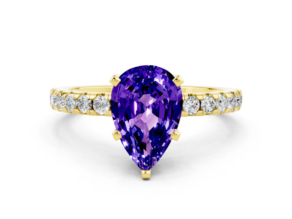 Yellow gold Pear Cut Tanzanite Solitaire Ring with Round Pavé Band and Four-Prong Setting