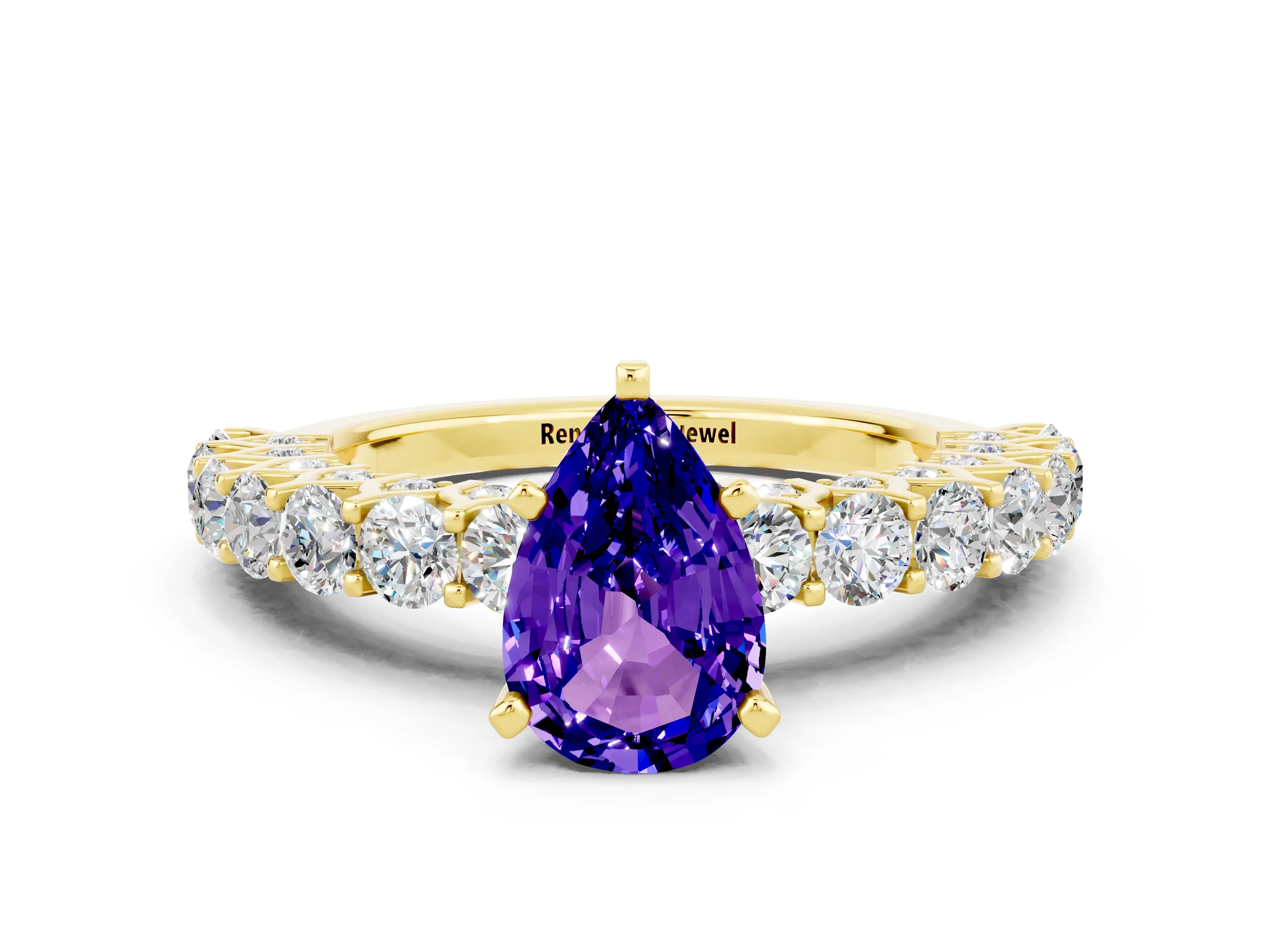 Yellow gold Pear Cut Tanzanite Solitaire Ring with Shared Prong Pavé Band and Four-Prong Setting