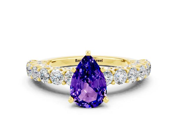 Yellow gold Pear Cut Tanzanite Solitaire Ring with Shared Prong Pavé Band and Four-Prong Setting