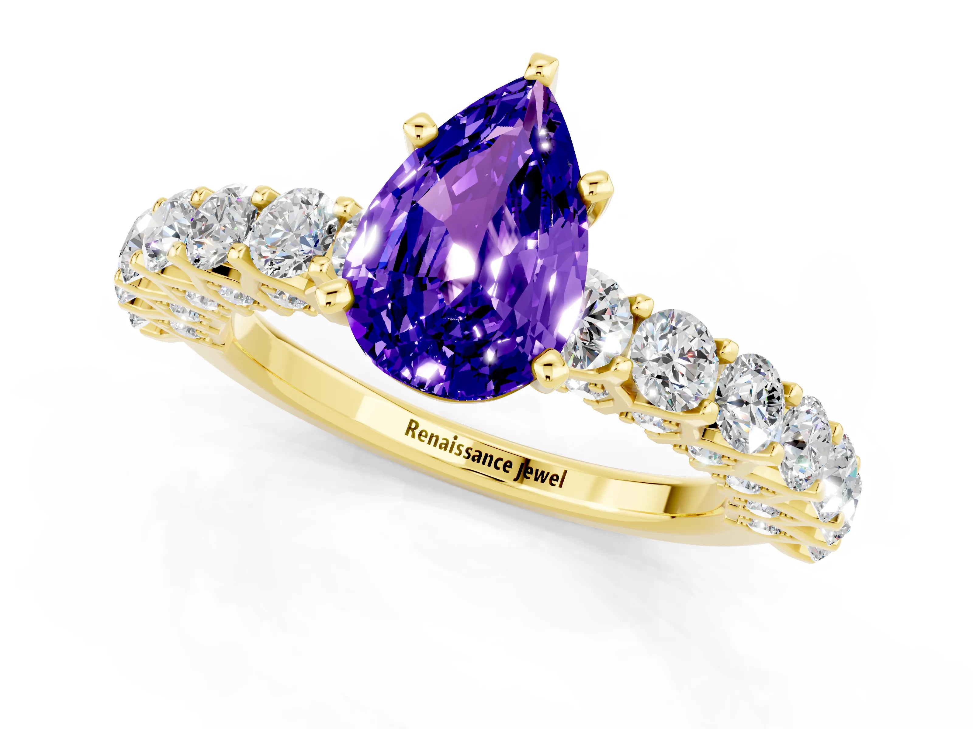 Yellow gold Pear Cut Tanzanite Solitaire Ring with Shared Prong Pavé Band and Four-Prong Setting_1