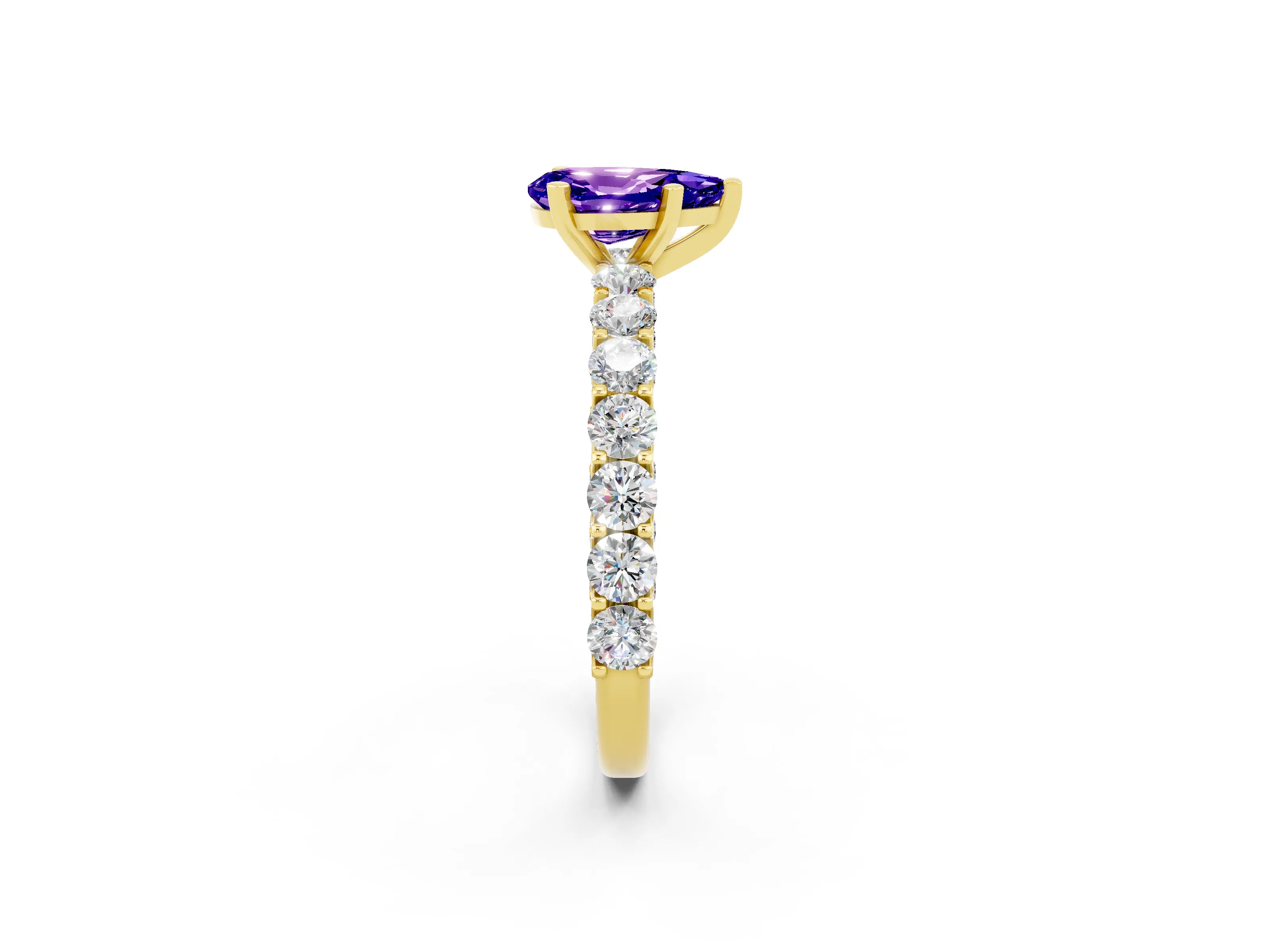 Yellow gold Pear Cut Tanzanite Solitaire Ring with Shared Prong Pavé Band and Four-Prong Setting_2