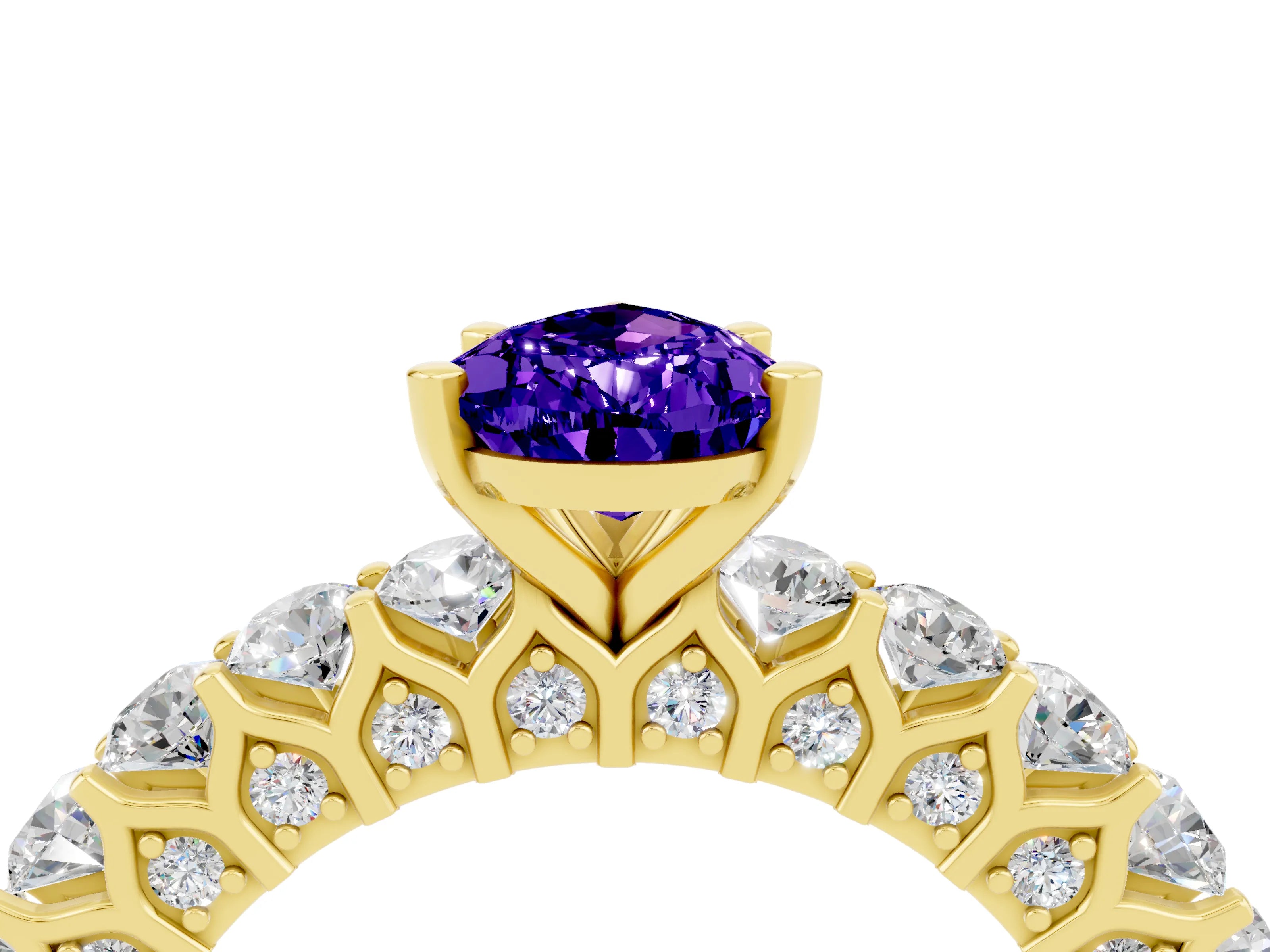 Yellow gold Pear Cut Tanzanite Solitaire Ring with Shared Prong Pavé Band and Four-Prong Setting_4