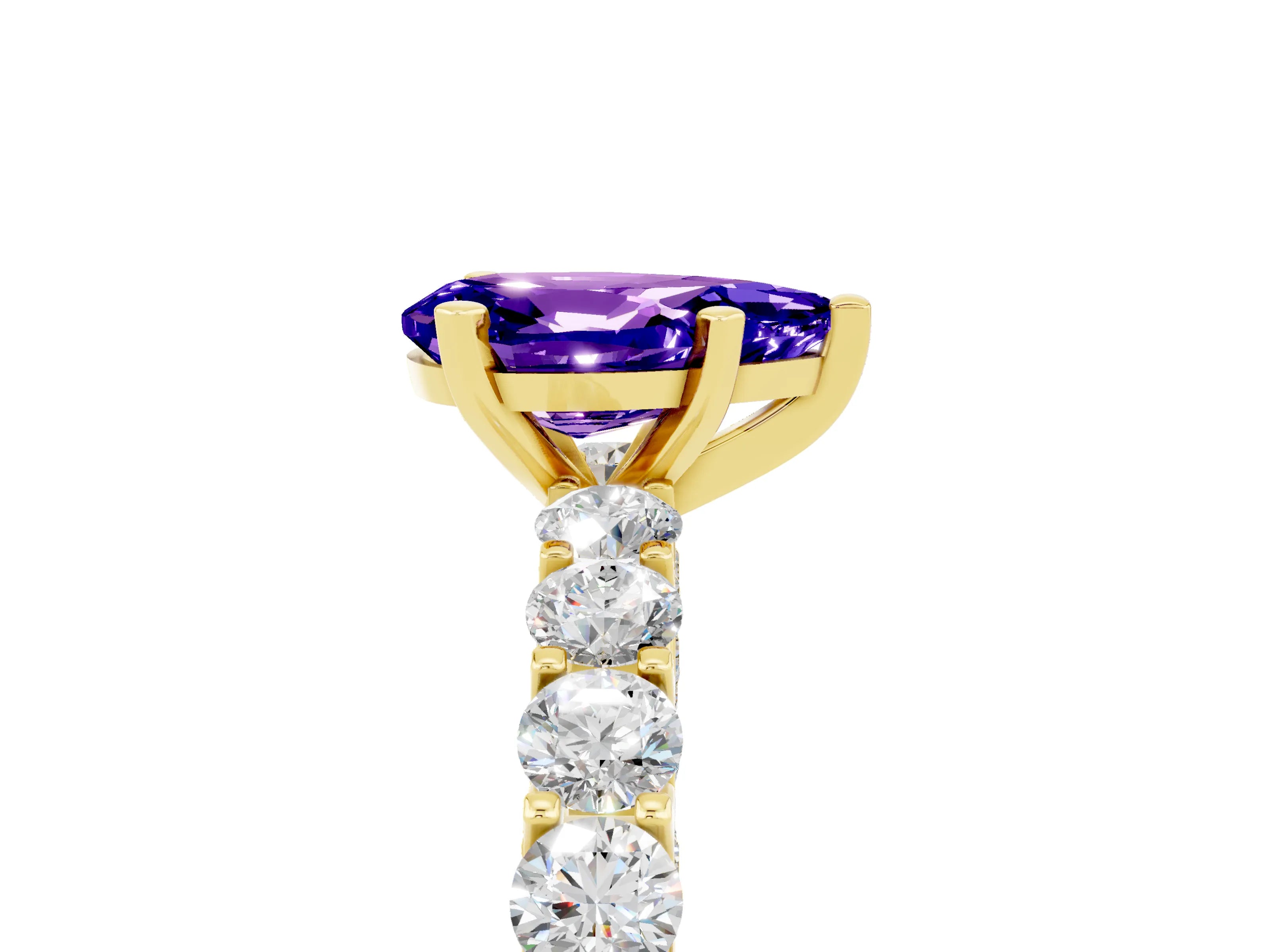Yellow gold Pear Cut Tanzanite Solitaire Ring with Shared Prong Pavé Band and Four-Prong Setting_5