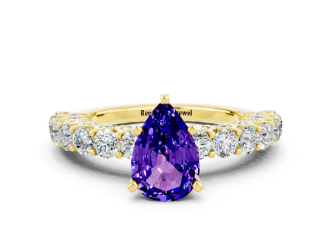 Yellow gold Pear Cut Tanzanite Solitaire Ring with Shared Prong Pavé Band and Four-Prong Setting