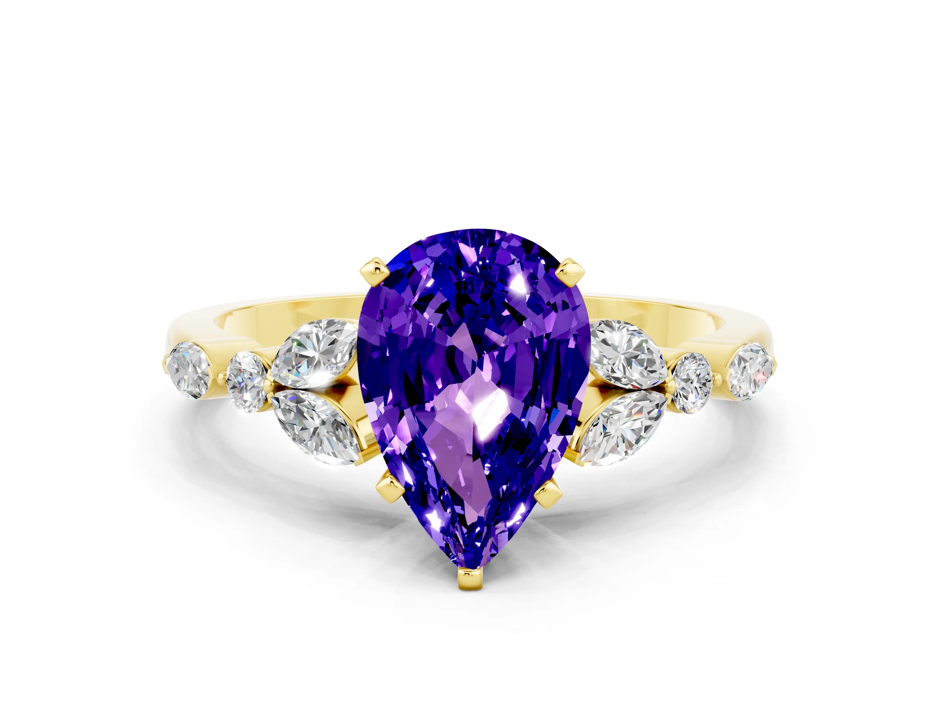Yellow gold Pear Cut Tanzanite Solitaire Ring with Side Stones and Four-Prong Setting_12