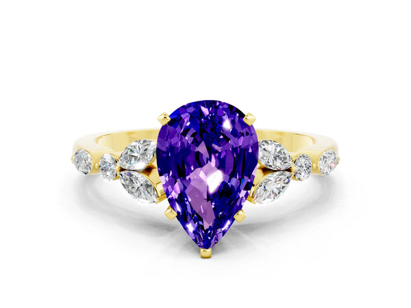 Yellow gold Pear Cut Tanzanite Solitaire Ring with Side Stones and Four-Prong Setting