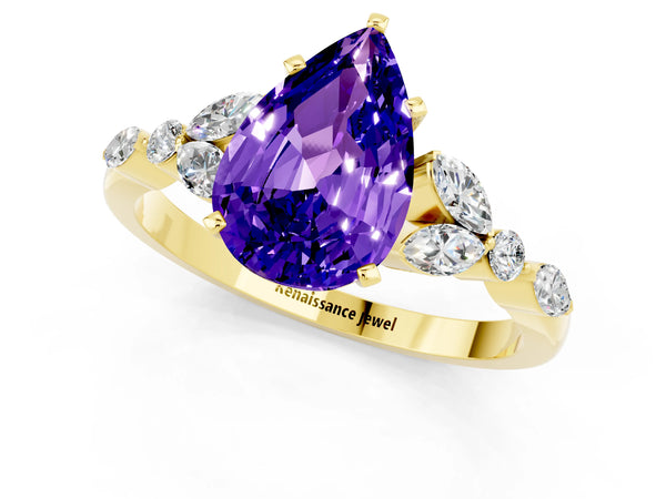 Yellow gold Pear Cut Tanzanite Solitaire Ring with Side Stones and Four-Prong Setting