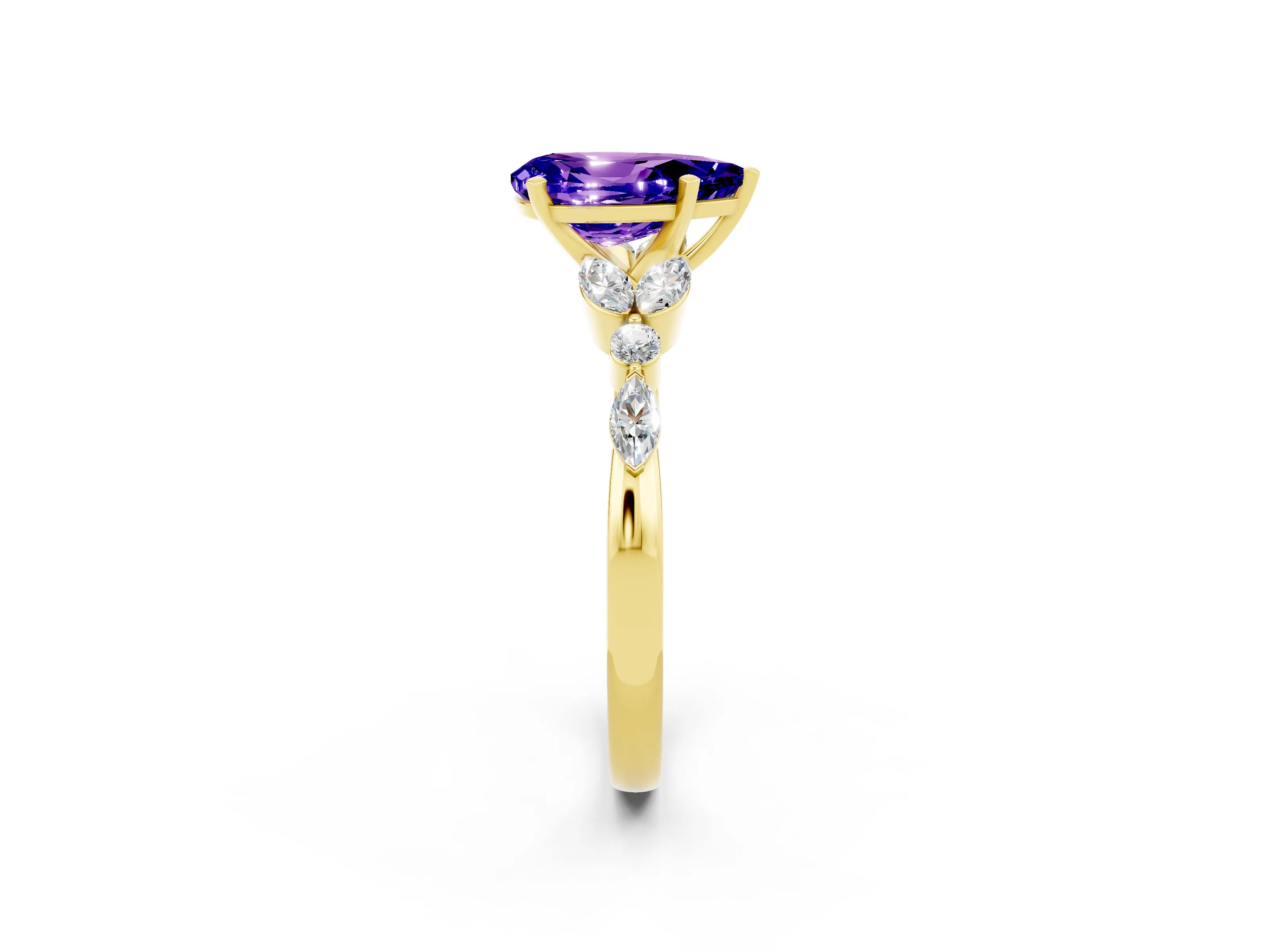 Yellow gold Pear Cut Tanzanite Solitaire Ring with Side Stones and Four-Prong Setting_14