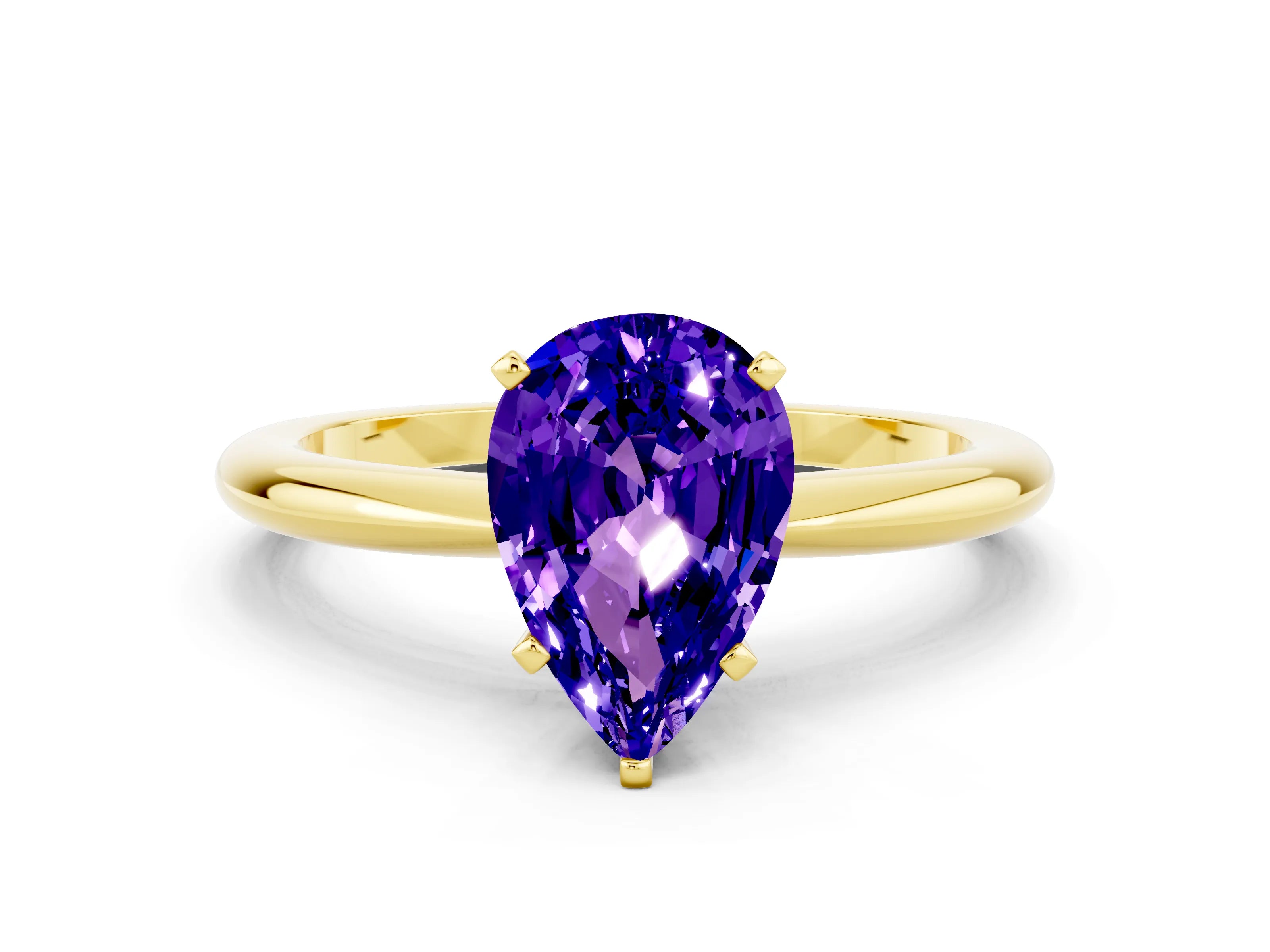 Yellow gold Pear Cut Tanzanite Solitaire Ring with Six-Prong Setting and Classic Band