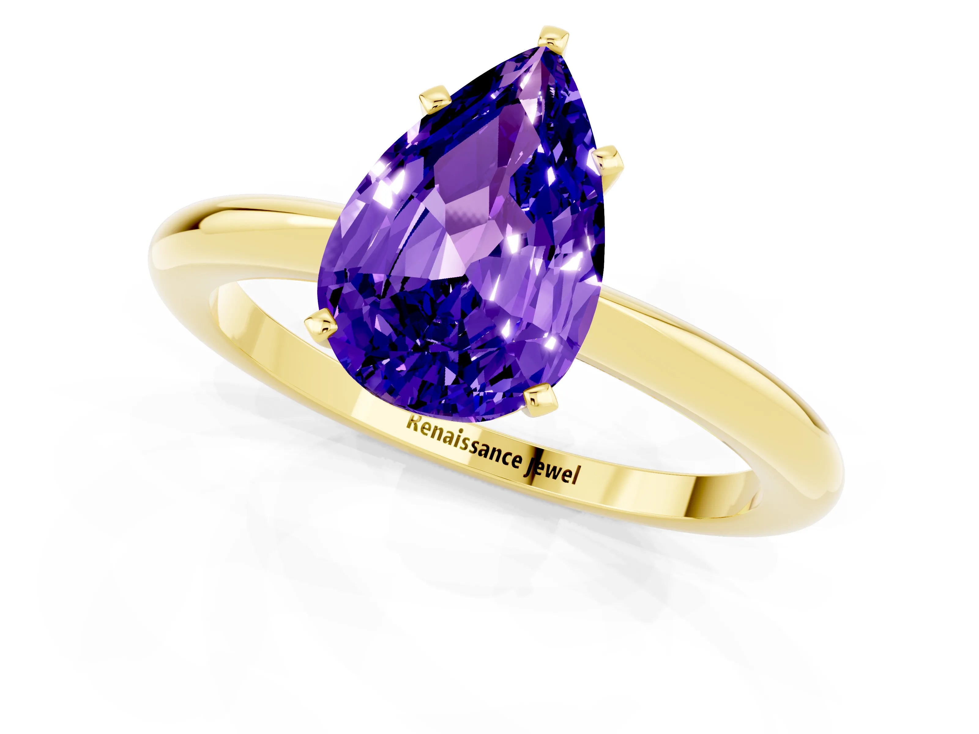 Yellow gold Pear Cut Tanzanite Solitaire Ring with Six-Prong Setting and Classic Band_1