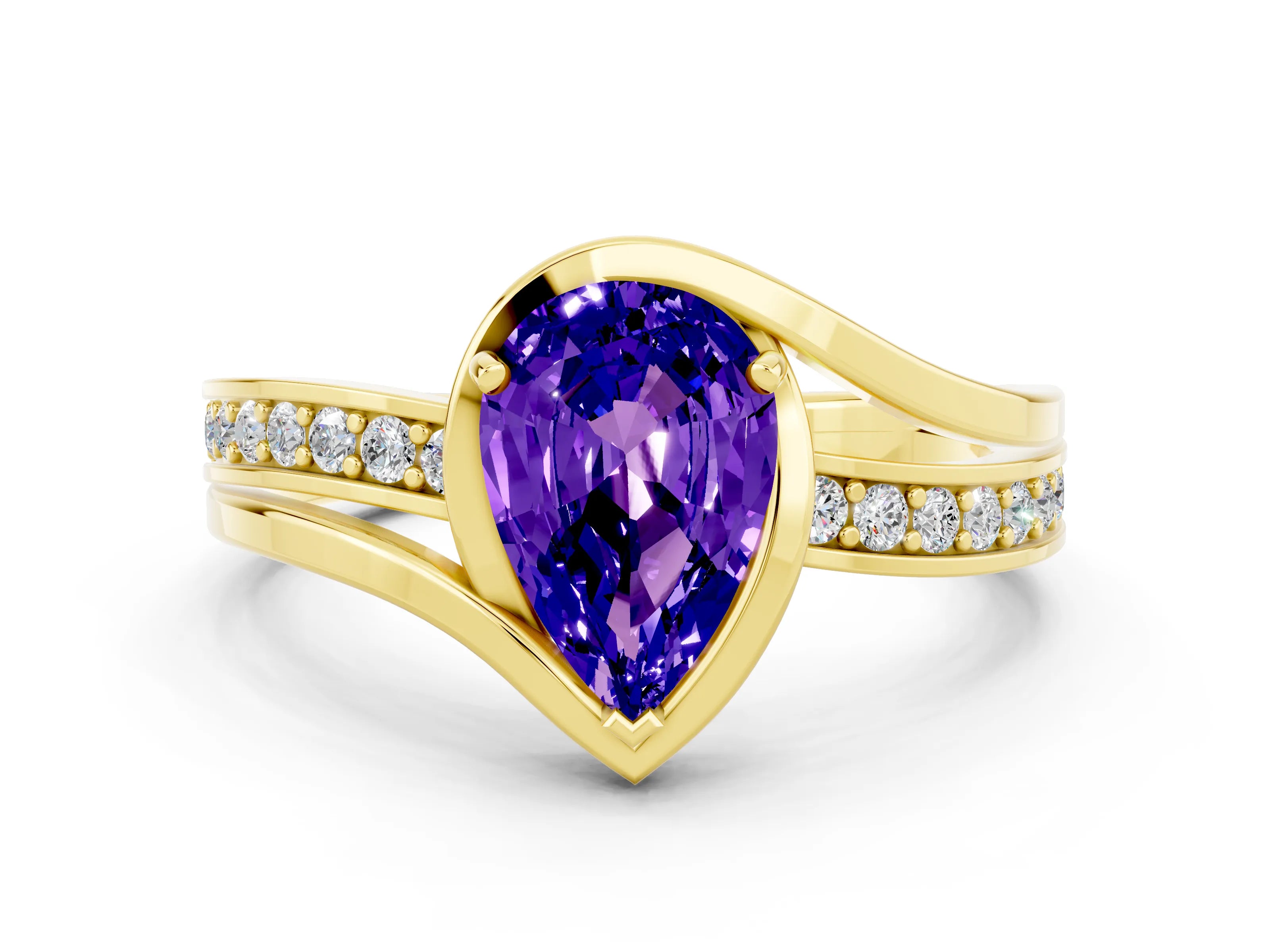 Yellow gold Pear Cut Tanzanite Solitaire Ring with Split Shank and Prong Setting