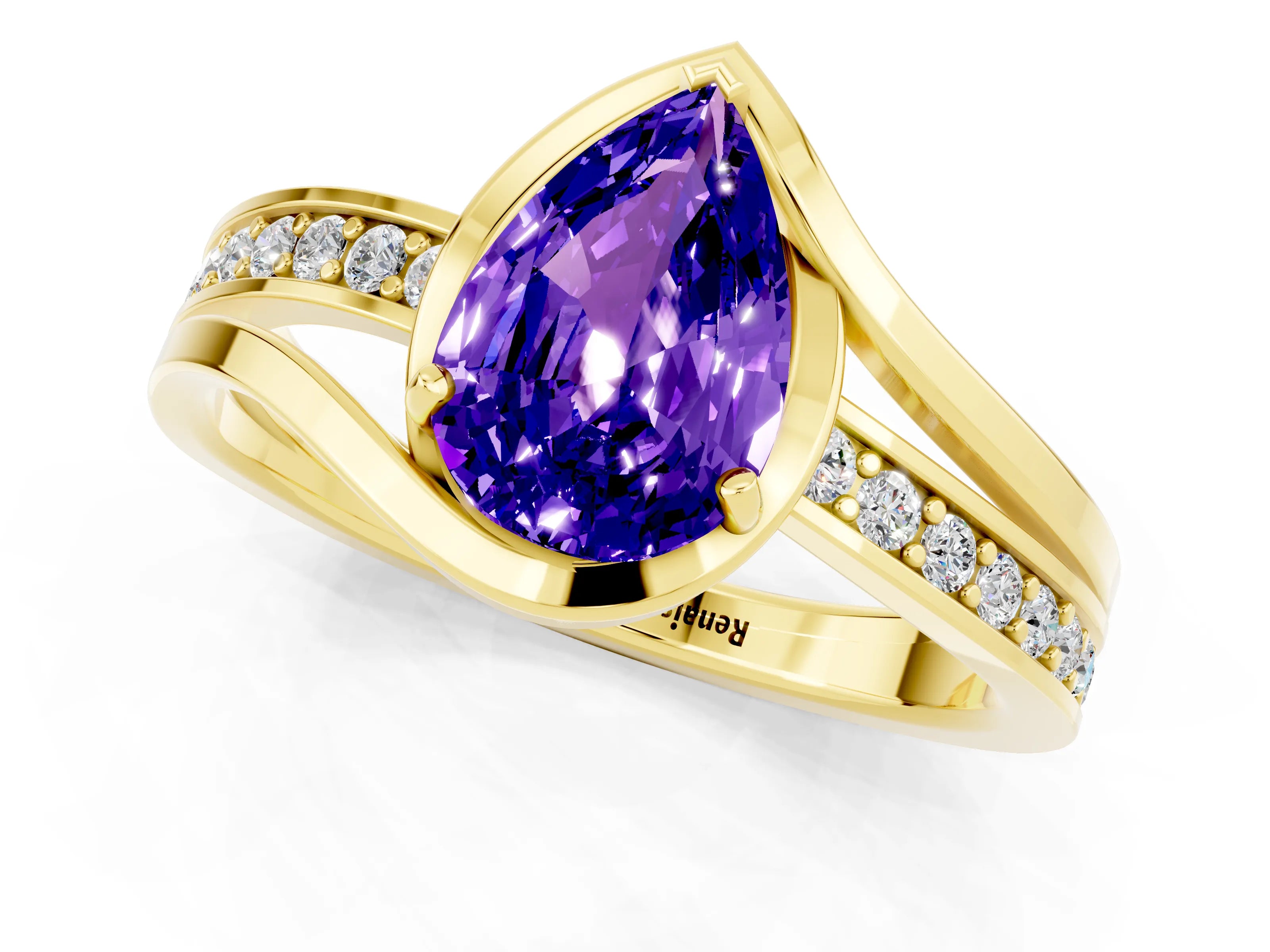 Yellow gold Pear Cut Tanzanite Solitaire Ring with Split Shank and Prong Setting_1