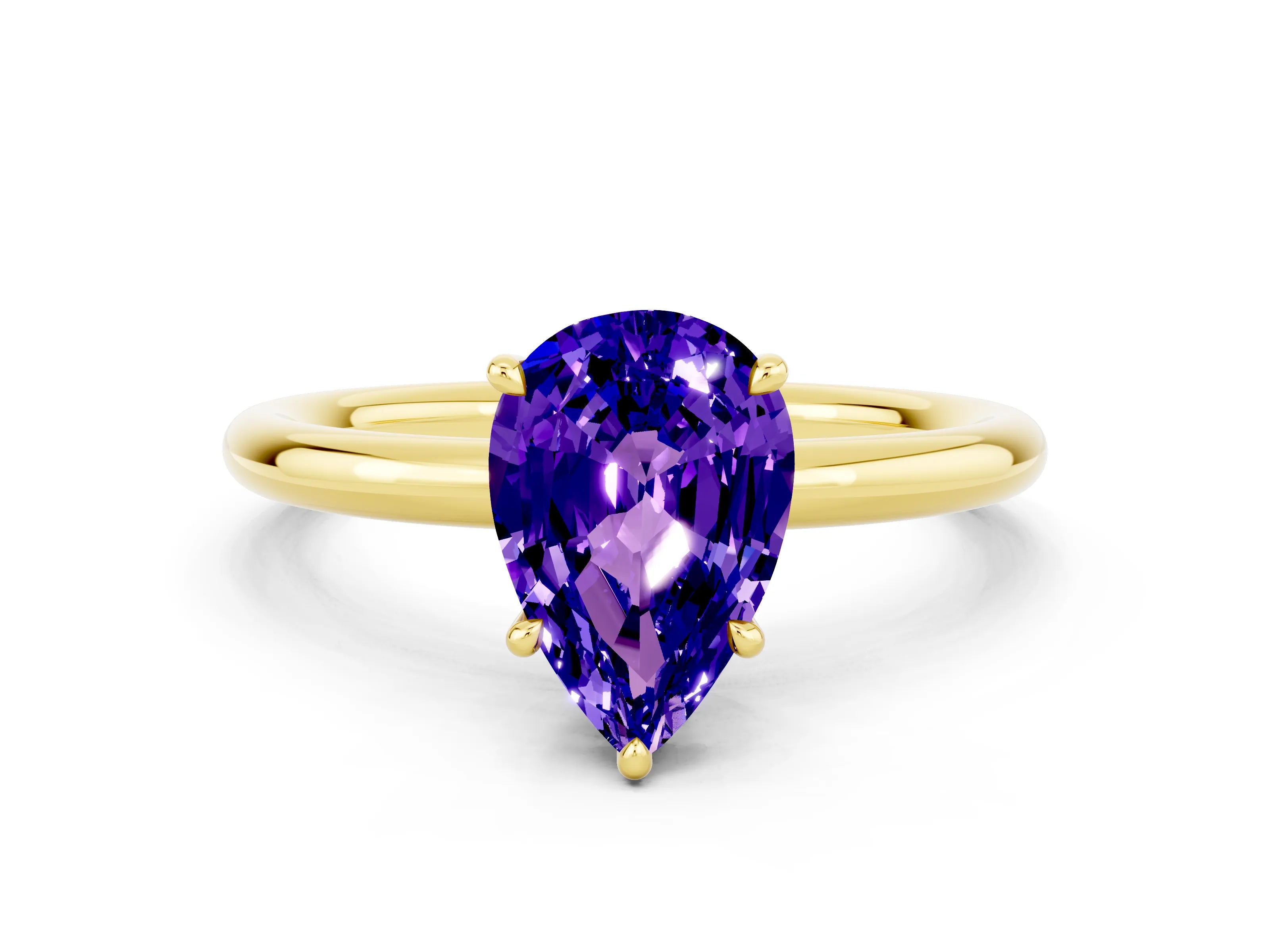Yellow gold Pear Cut Tanzanite Solitaire Ring with Thin Band and Four-Prong Setting