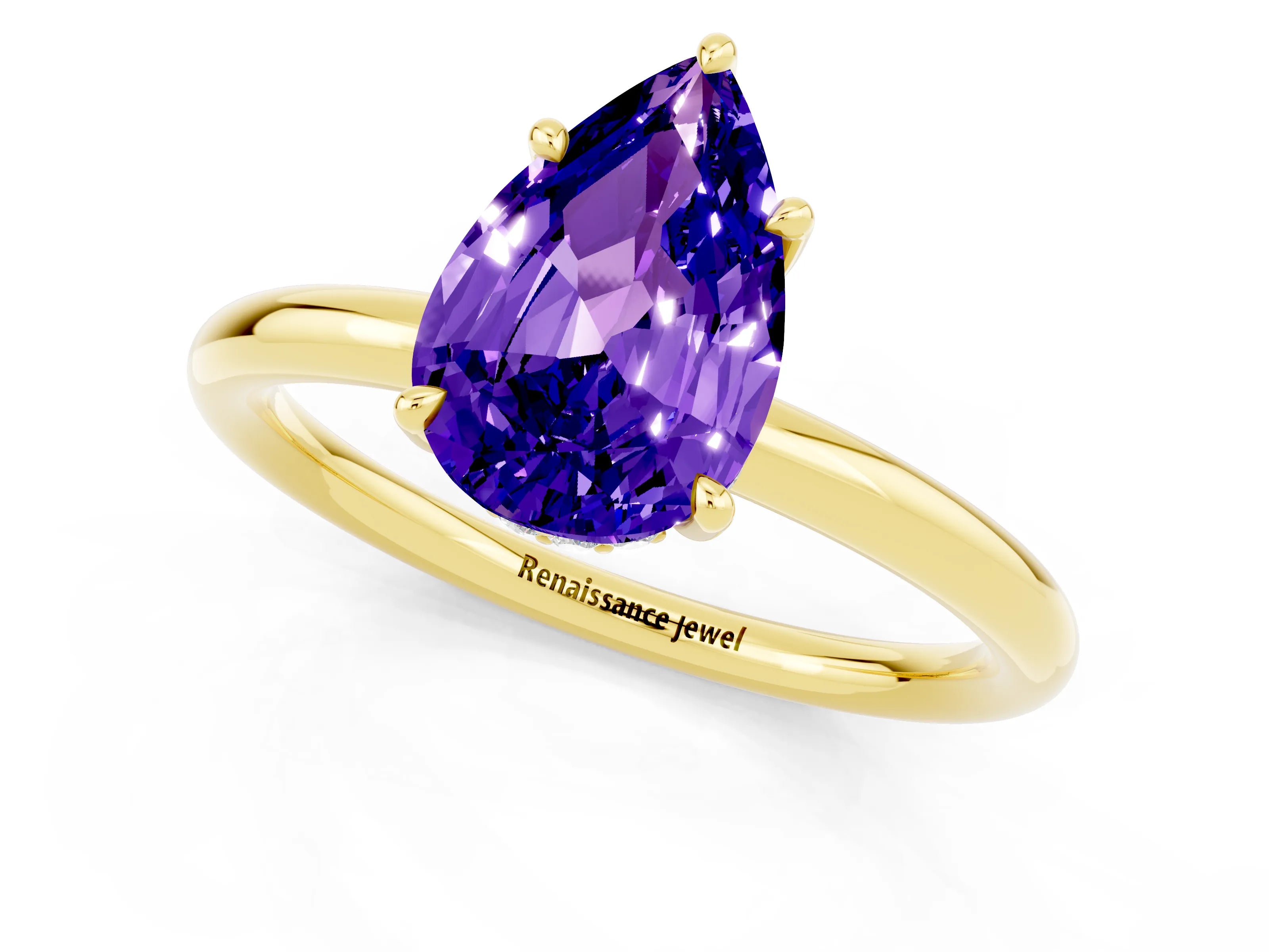 Yellow gold Pear Cut Tanzanite Solitaire Ring with Thin Band and Four-Prong Setting_1