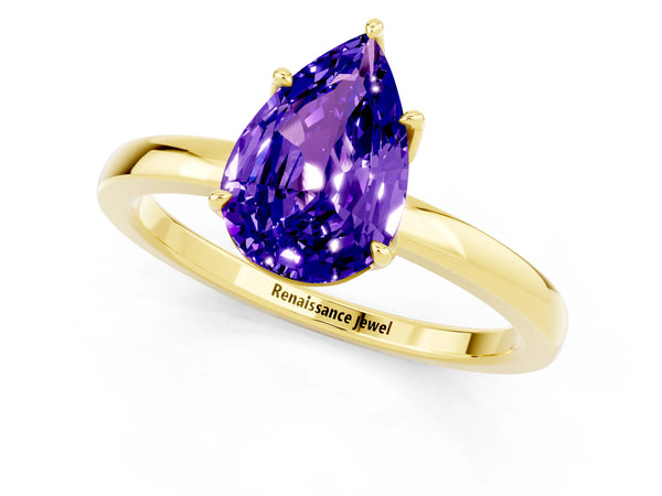 Yellow gold Pear Cut Tanzanite Solitaire Ring with Thin Band and Prong Setting