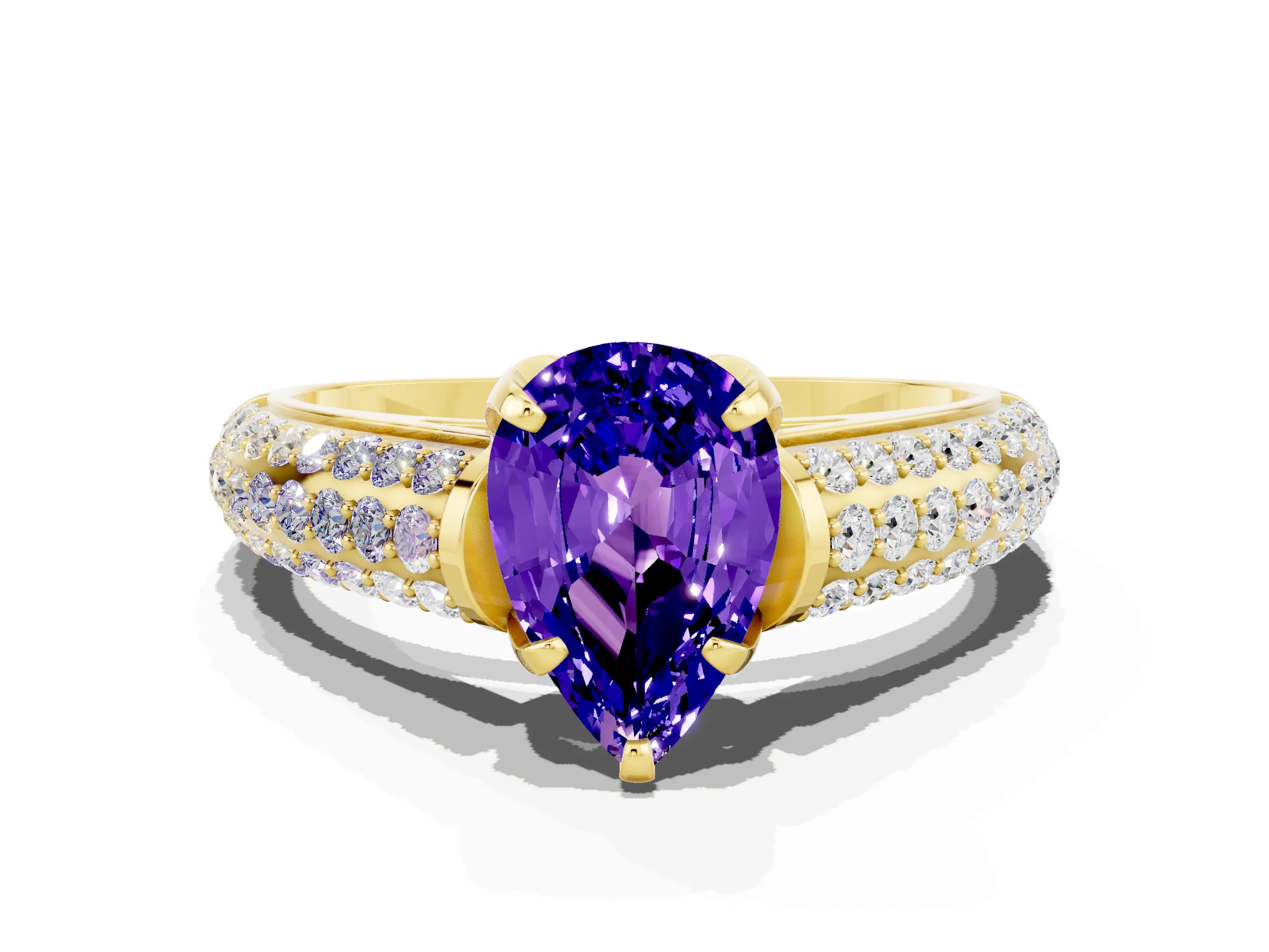 Yellow gold Pear Cut Tanzanite Solitaire Ring with Three-Row Pavé Band and Four-Prong Setting_12