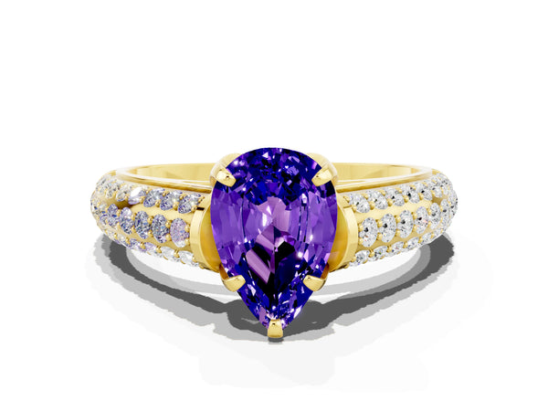 Yellow gold Pear Cut Tanzanite Solitaire Ring with Three-Row Pavé Band and Four-Prong Setting