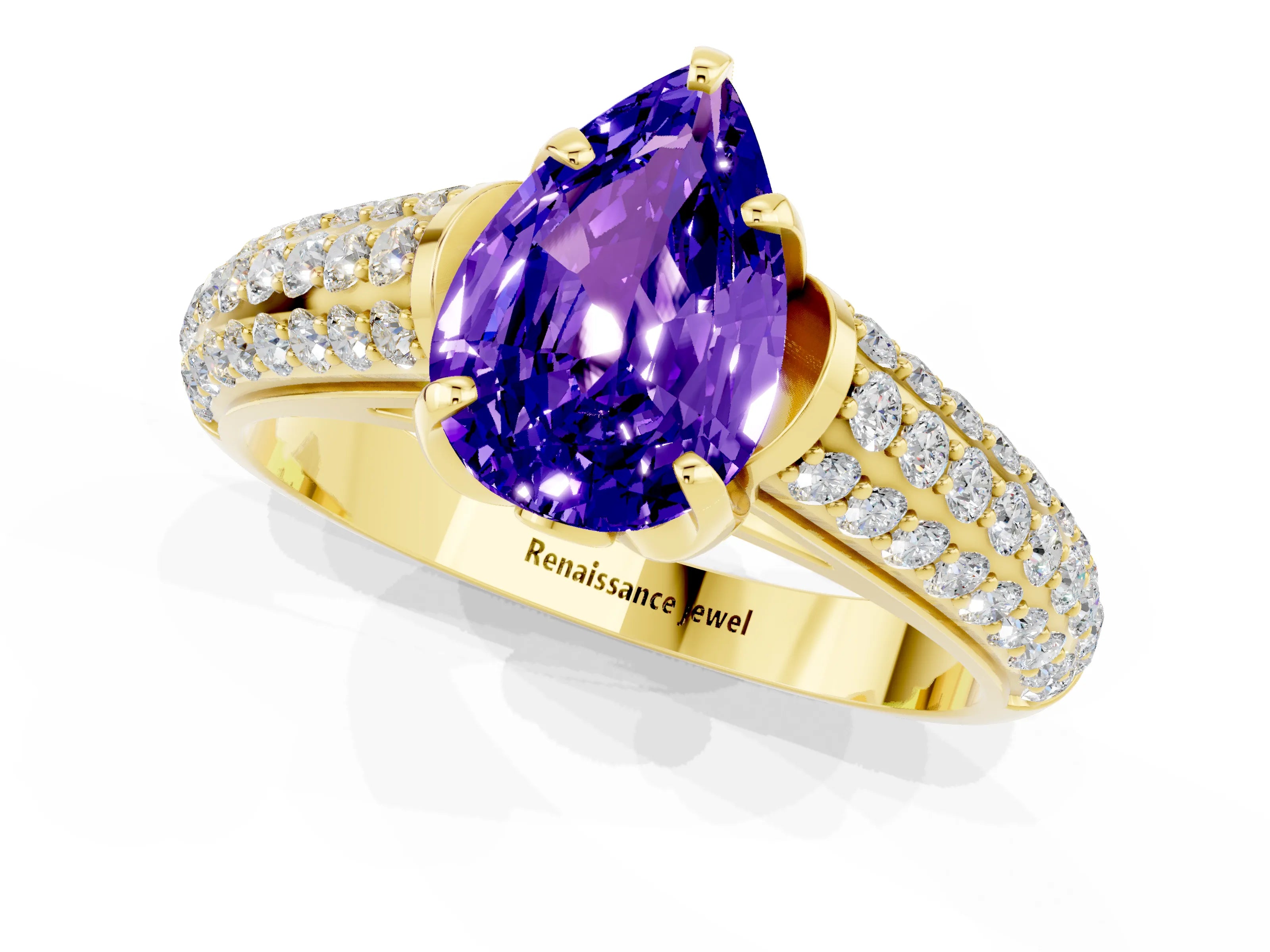 Yellow gold Pear Cut Tanzanite Solitaire Ring with Three-Row Pavé Band and Four-Prong Setting_13