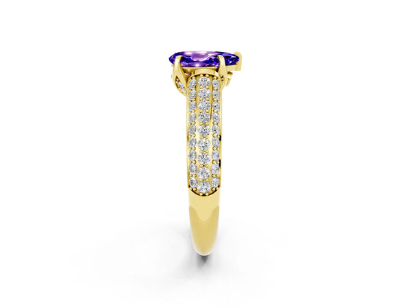 Yellow gold Pear Cut Tanzanite Solitaire Ring with Three-Row Pavé Band and Four-Prong Setting