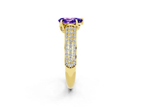 Yellow gold Pear Cut Tanzanite Solitaire Ring with Three-Row Pavé Band and Four-Prong Setting_14