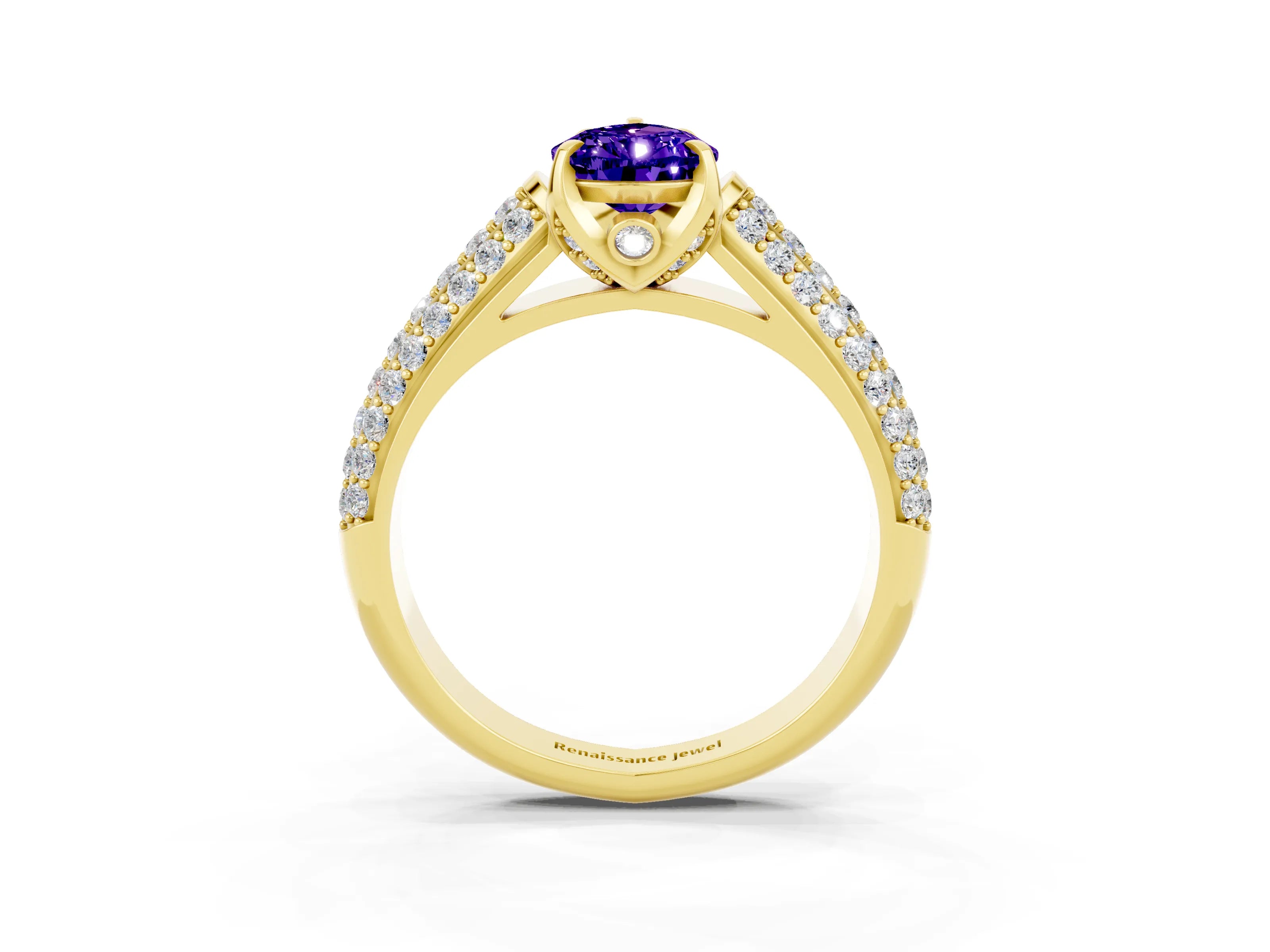 Yellow gold Pear Cut Tanzanite Solitaire Ring with Three-Row Pavé Band and Four-Prong Setting_15