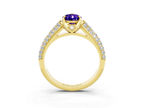 Yellow gold Pear Cut Tanzanite Solitaire Ring with Three-Row Pavé Band and Four-Prong Setting_15
