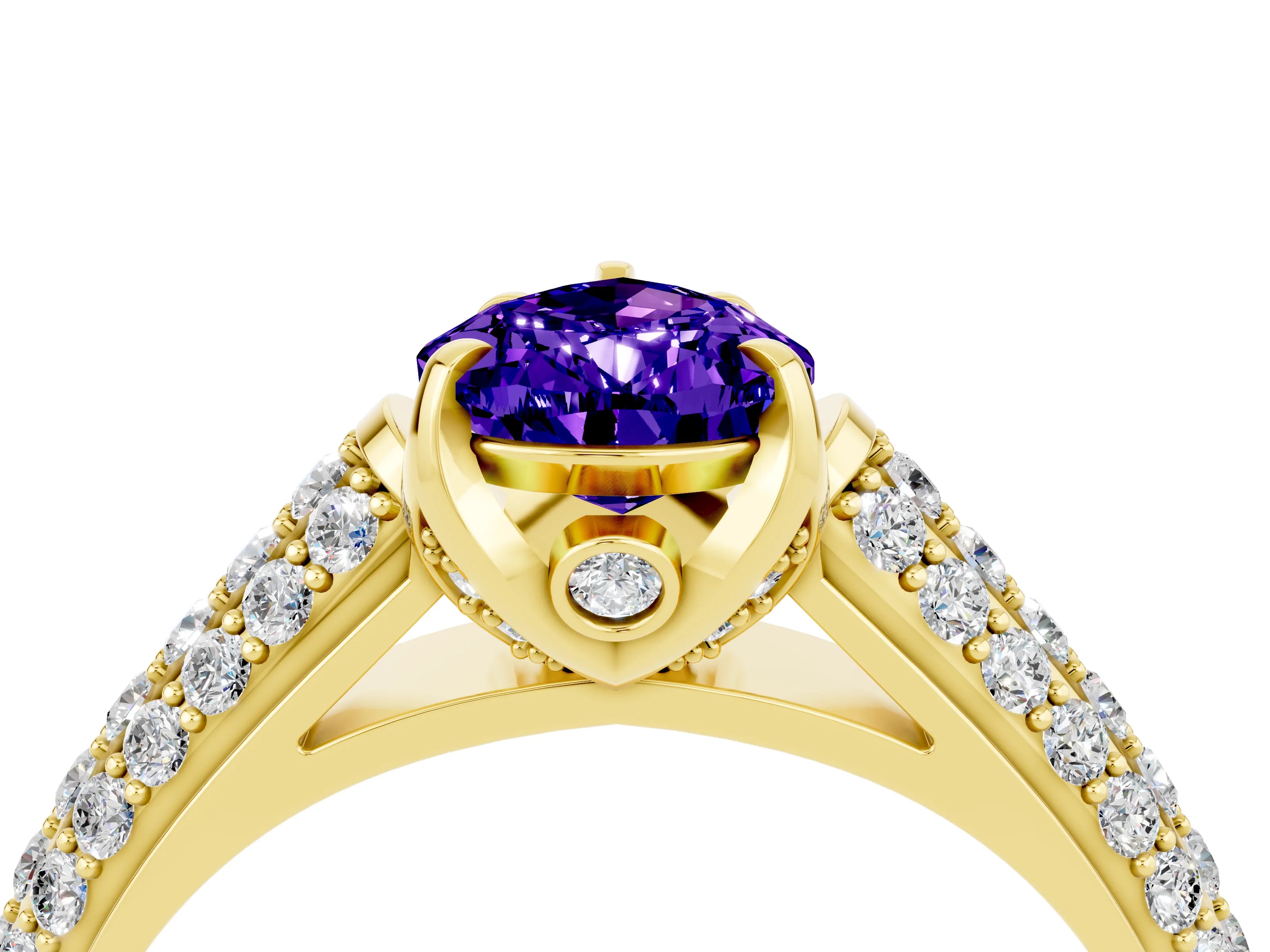 Yellow gold Pear Cut Tanzanite Solitaire Ring with Three-Row Pavé Band and Four-Prong Setting_16