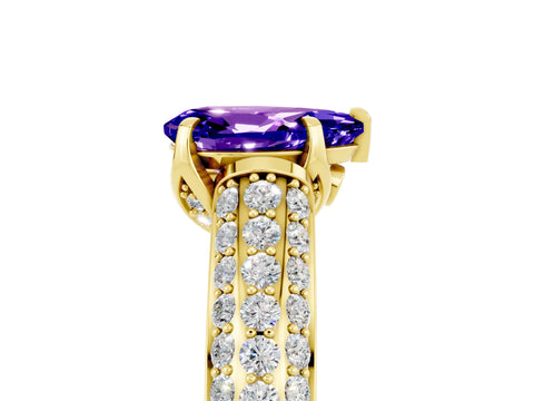Yellow gold Pear Cut Tanzanite Solitaire Ring with Three-Row Pavé Band and Four-Prong Setting_17