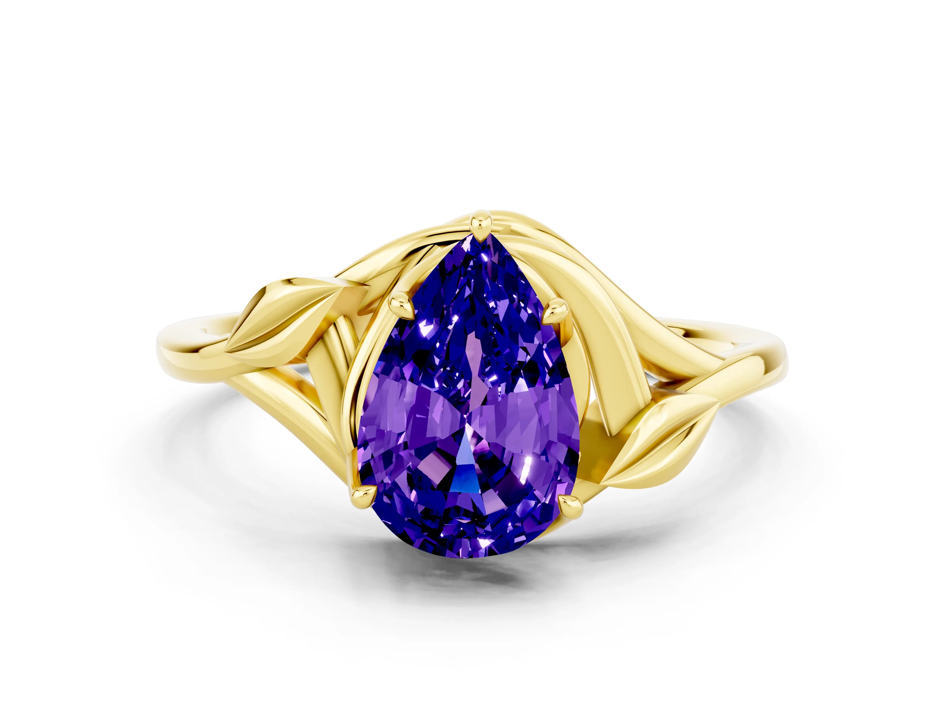 Yellow gold Pear Cut Tanzanite Solitaire Ring with Twist Band and Four-Prong Setting_24