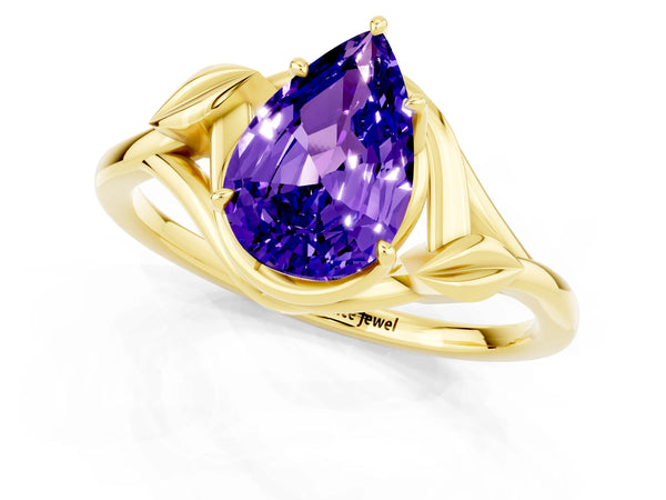 Yellow gold Pear Cut Tanzanite Solitaire Ring with Twist Band and Four-Prong Setting
