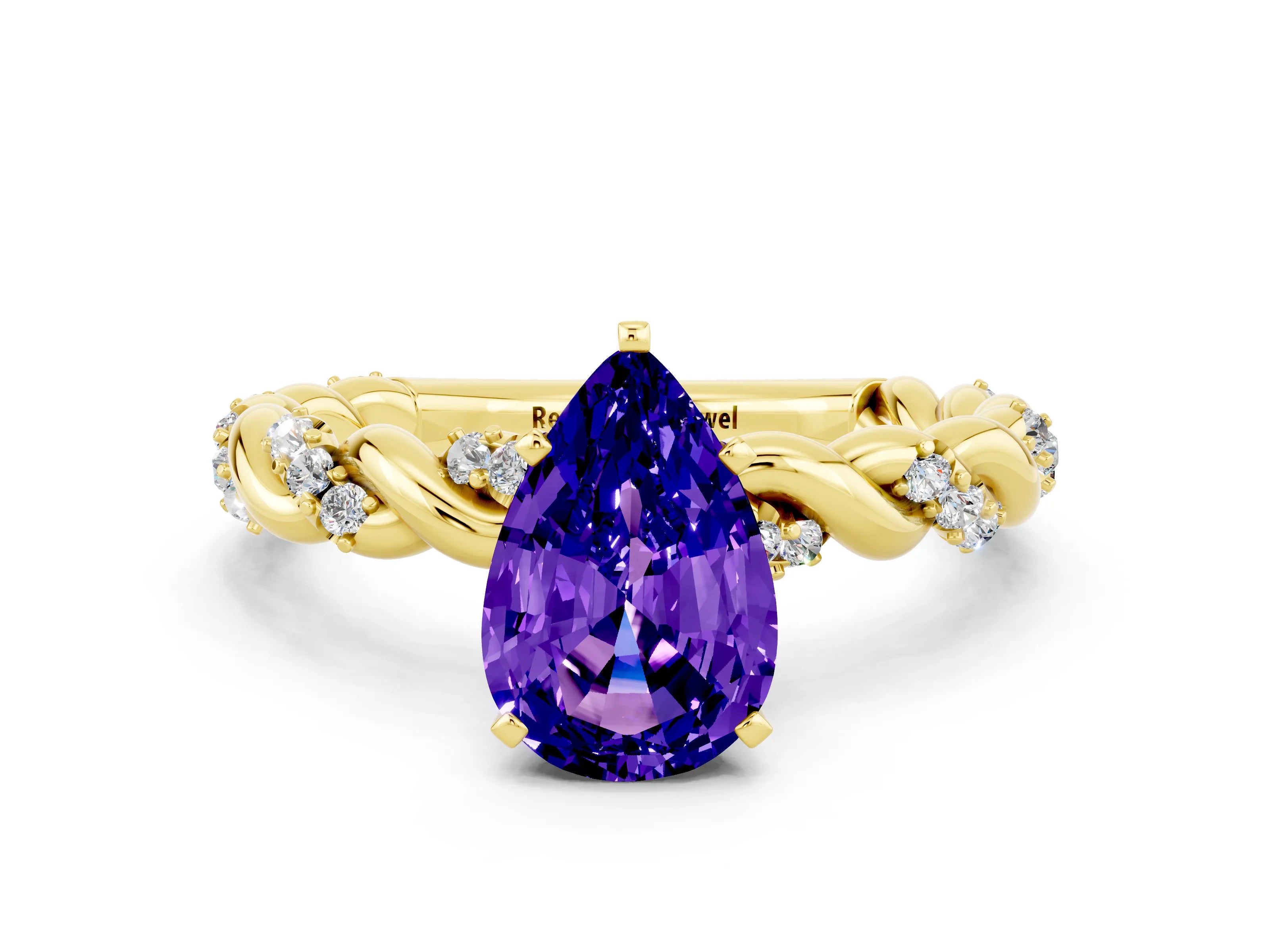 Yellow gold Pear Cut Tanzanite Solitaire Ring with Twisted Band and Pavé Accents