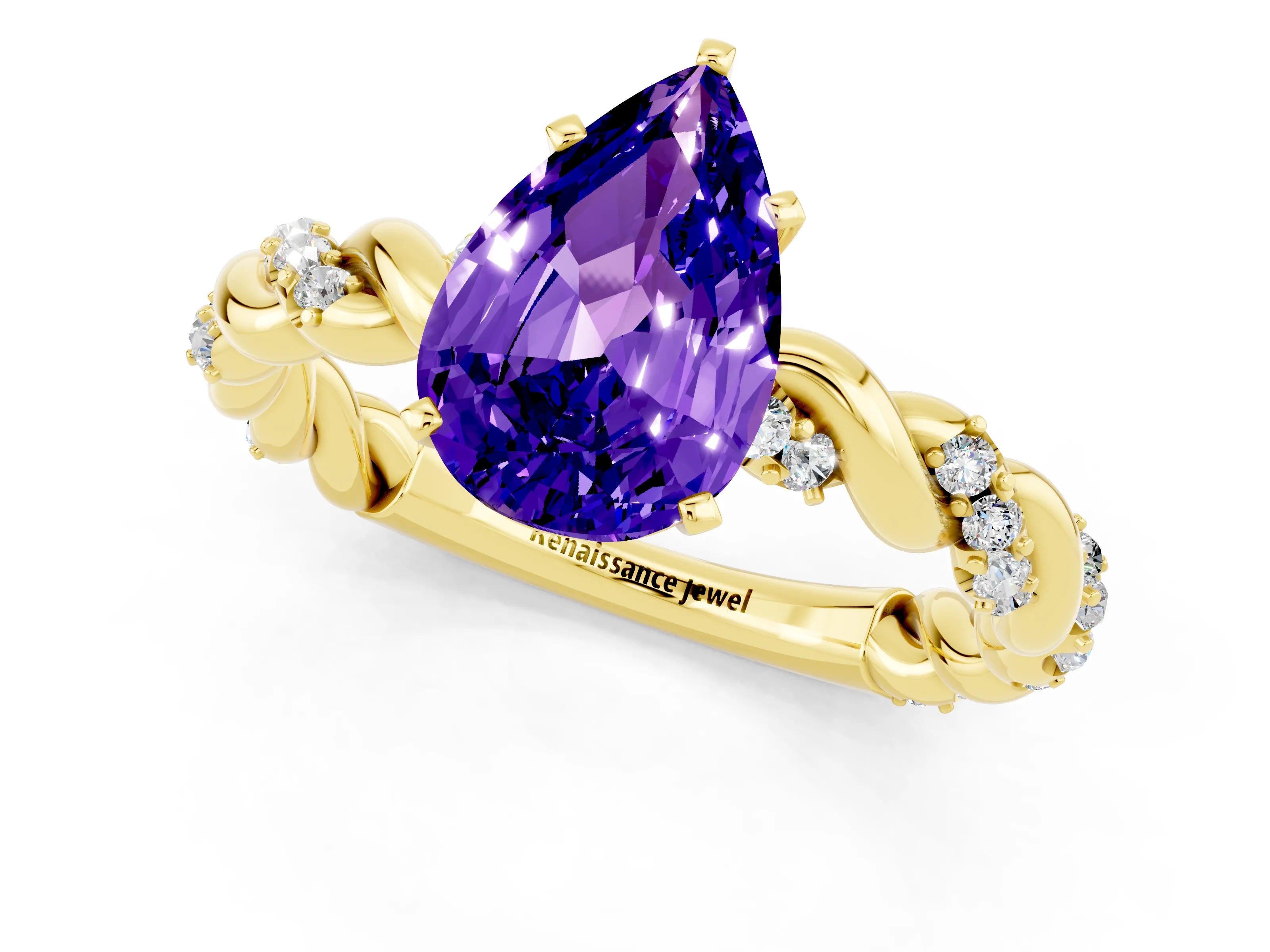 Yellow gold Pear Cut Tanzanite Solitaire Ring with Twisted Band and Pavé Accents_1
