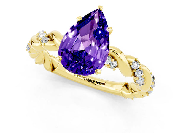 Yellow gold Pear Cut Tanzanite Solitaire Ring with Twisted Band and Pavé Accents