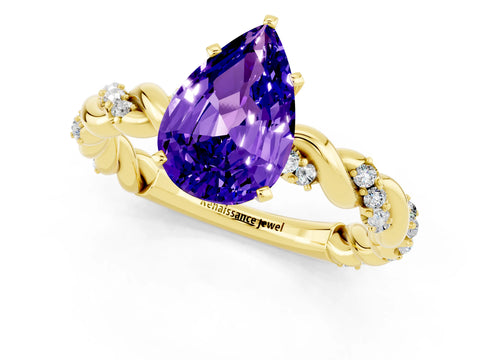 Yellow gold Pear Cut Tanzanite Solitaire Ring with Twisted Band and Pavé Accents_1