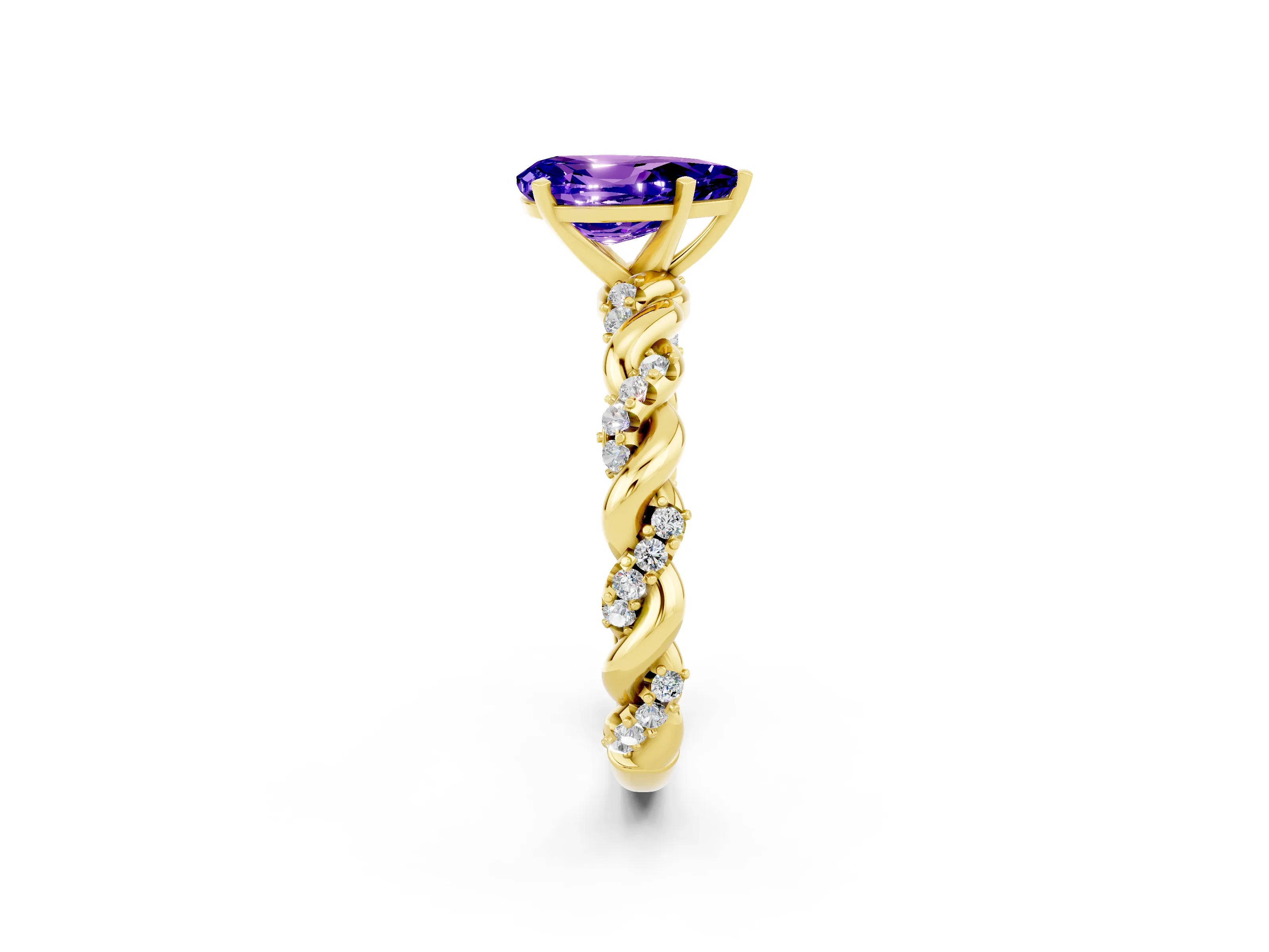 Yellow gold Pear Cut Tanzanite Solitaire Ring with Twisted Band and Pavé Accents_2