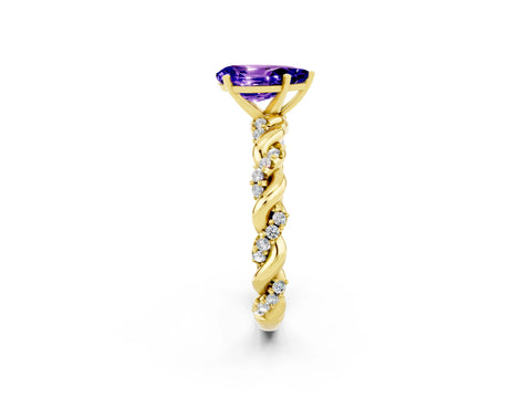 Yellow gold Pear Cut Tanzanite Solitaire Ring with Twisted Band and Pavé Accents_2