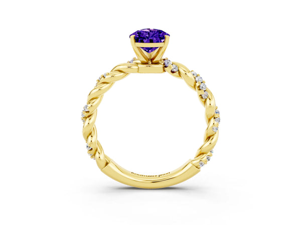 Yellow gold Pear Cut Tanzanite Solitaire Ring with Twisted Band and Pavé Accents