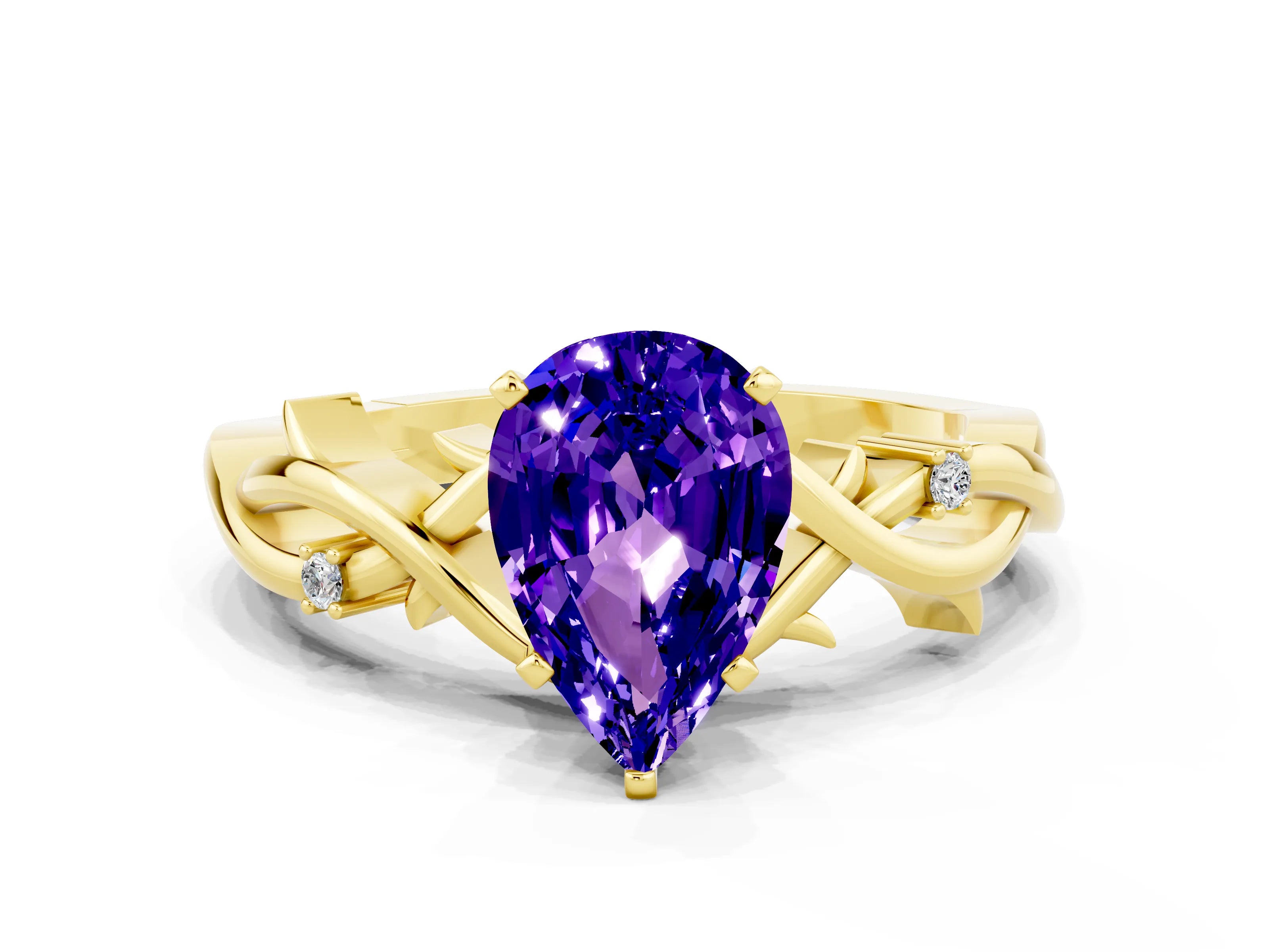 Yellow gold Pear Cut Tanzanite Solitaire Ring with Twisted Band and Prong Setting