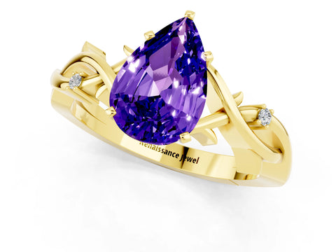 Yellow gold Pear Cut Tanzanite Solitaire Ring with Twisted Band and Prong Setting_1